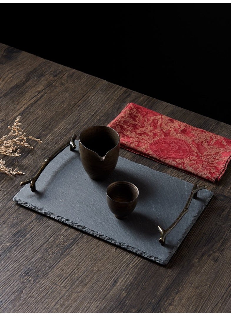 FUKE Slate Cheese Board 30*20 cm with Handle Charcuterie Boards Natural Slate Stone Plate Tray, Gourmet Serving Platter for Meats, Fruits, Parties, Appetizers - Image 1